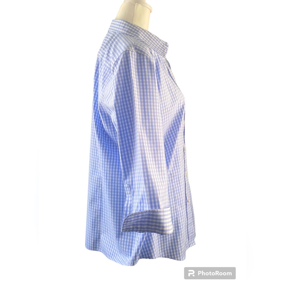 🩵 L.L.Bean Ladies Sz M Wrinkle Resistant Light Blue Gingham 3/4 Sleeved Blouse - Picture 3 of 16